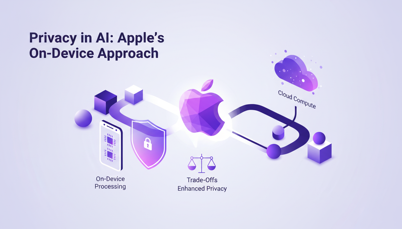 Modern illustration of privacy in AI with Apple's on-device approach, featuring geometric shapes and gradient overlays.