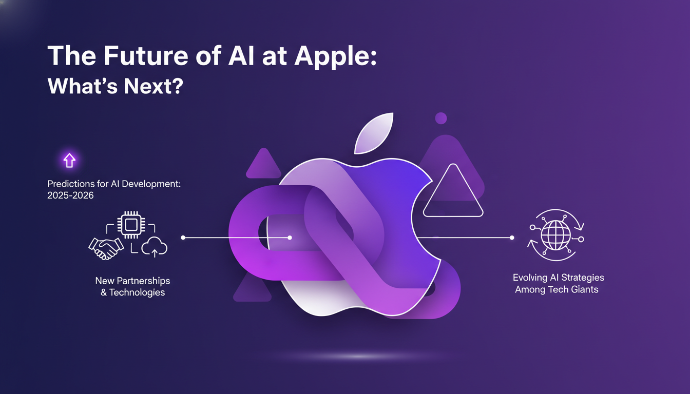 Modern illustration of AI's future at Apple, featuring geometric shapes and indigo-violet gradients, symbolizing innovation and strategy.