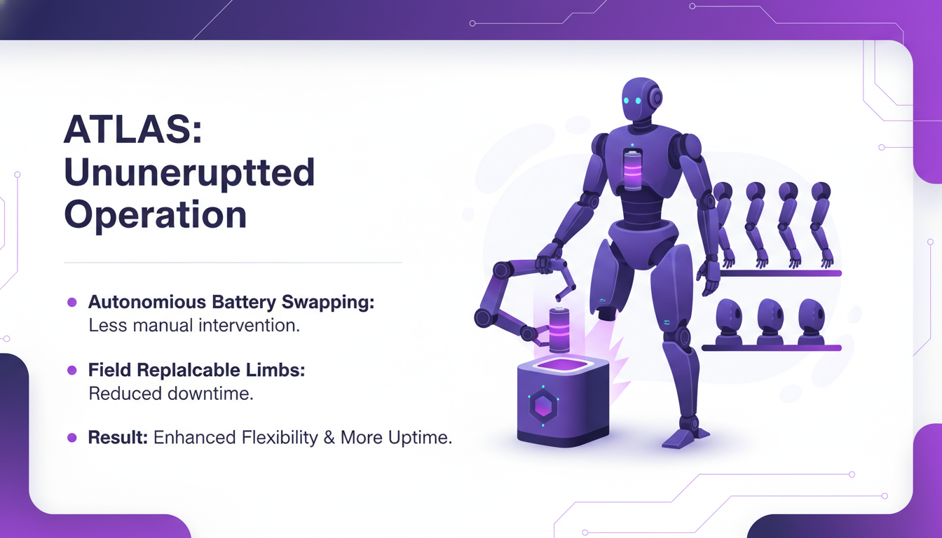 Illustration moderne de l'échange autonome de batteries et de membres remplaçables sur le terrain, technologie AI innovante.