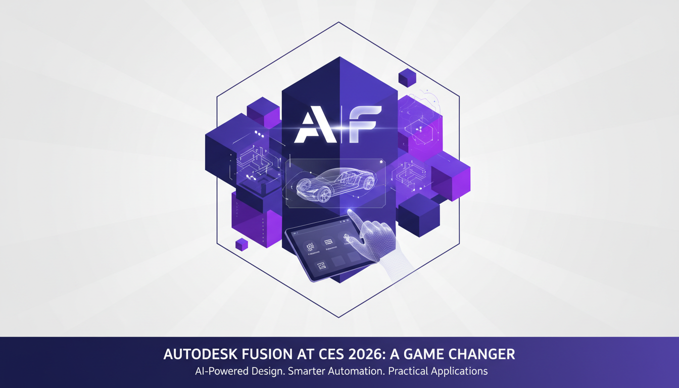 Illustration moderne de Fusion Autodesk à CES 2026, intégrant l'IA pour la créativité et l'automatisation, avec des formes géométriques et des dégradés.