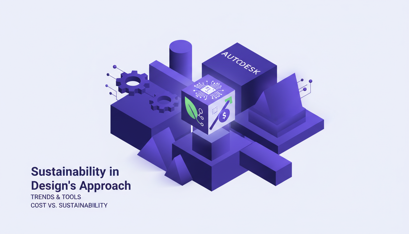 Illustration moderne sur la durabilité dans le design avec l'approche d'Autodesk, mettant en avant des outils éco-responsables.