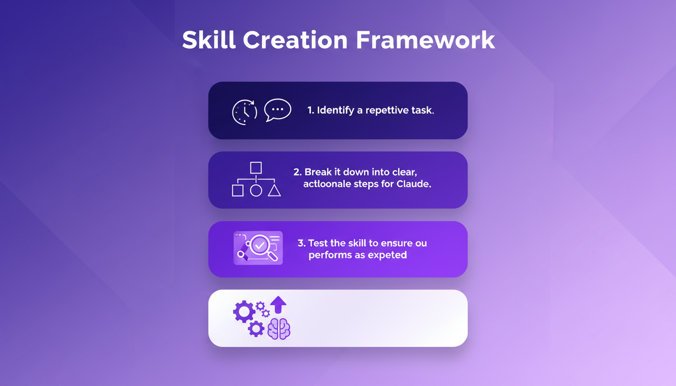 Modern illustration of the Four-Step Framework for Skill Creation, featuring geometric shapes and violet gradients, relevant to AI technology.