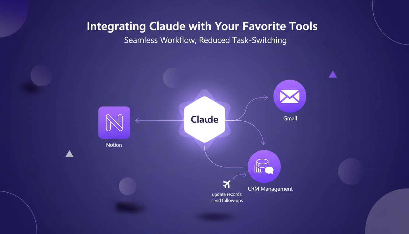 Modern illustration of Claude integrating with Notion and Gmail, showcasing a seamless, professional workflow in violet and indigo hues.