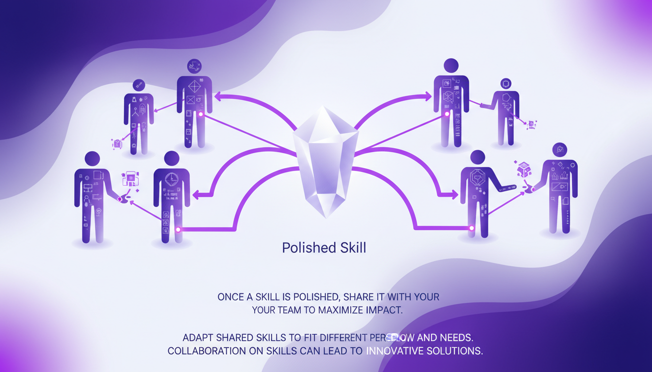 Modern illustration of sharing and adapting skills for personalized workflows, featuring geometric shapes and violet gradients.