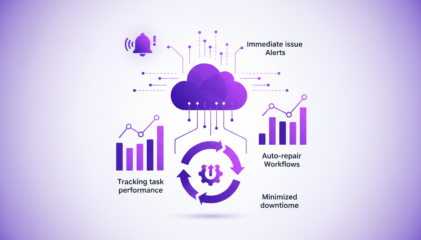Modern illustration of real-time monitoring and automation with Cloud Code, featuring geometric shapes and gradient overlays.