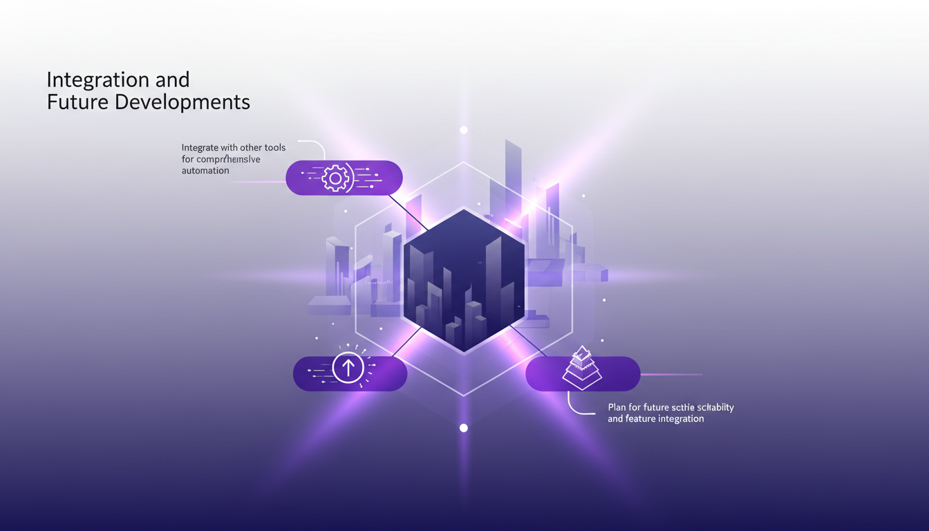 Modern illustration on integration and future AI developments, featuring geometric shapes and indigo and violet gradients.