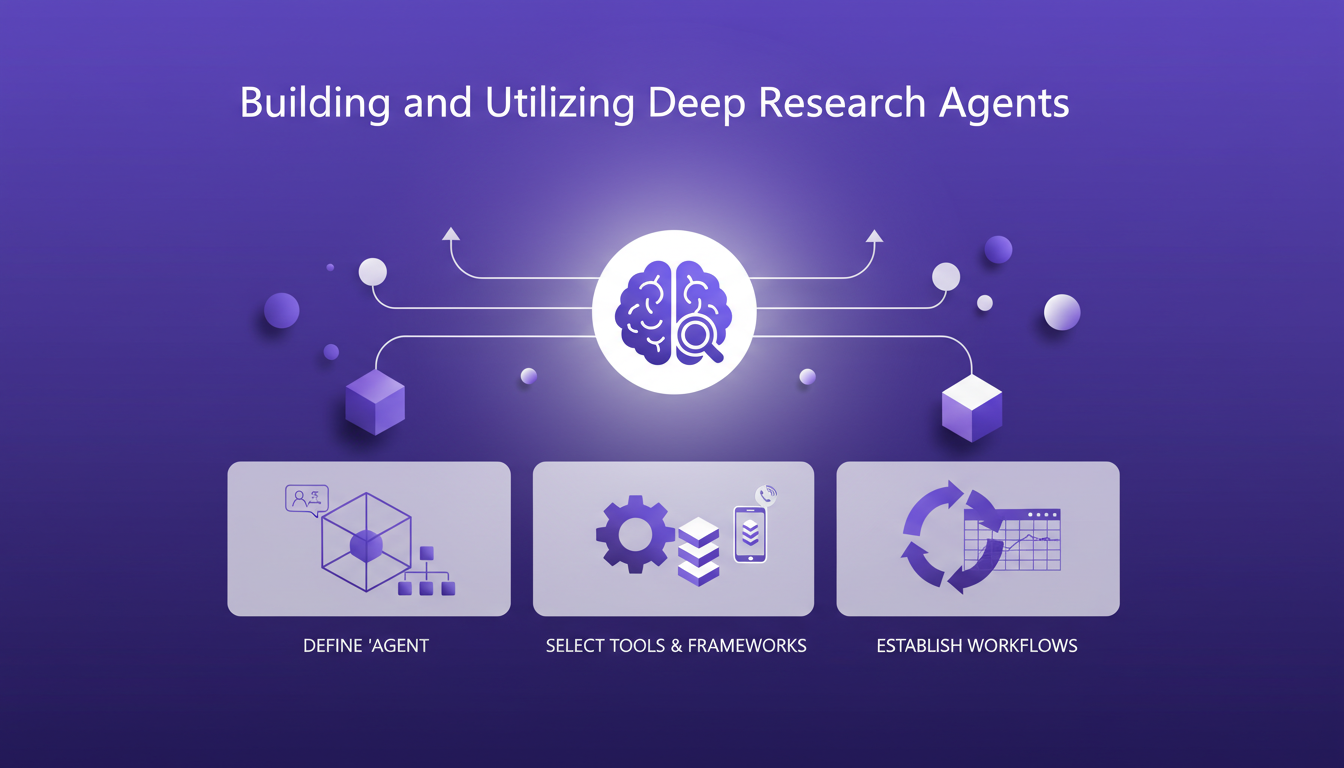 Illustration moderne minimaliste sur la construction et l'utilisation d'agents de recherche approfondie, avec des formes géométriques et des dégradés.