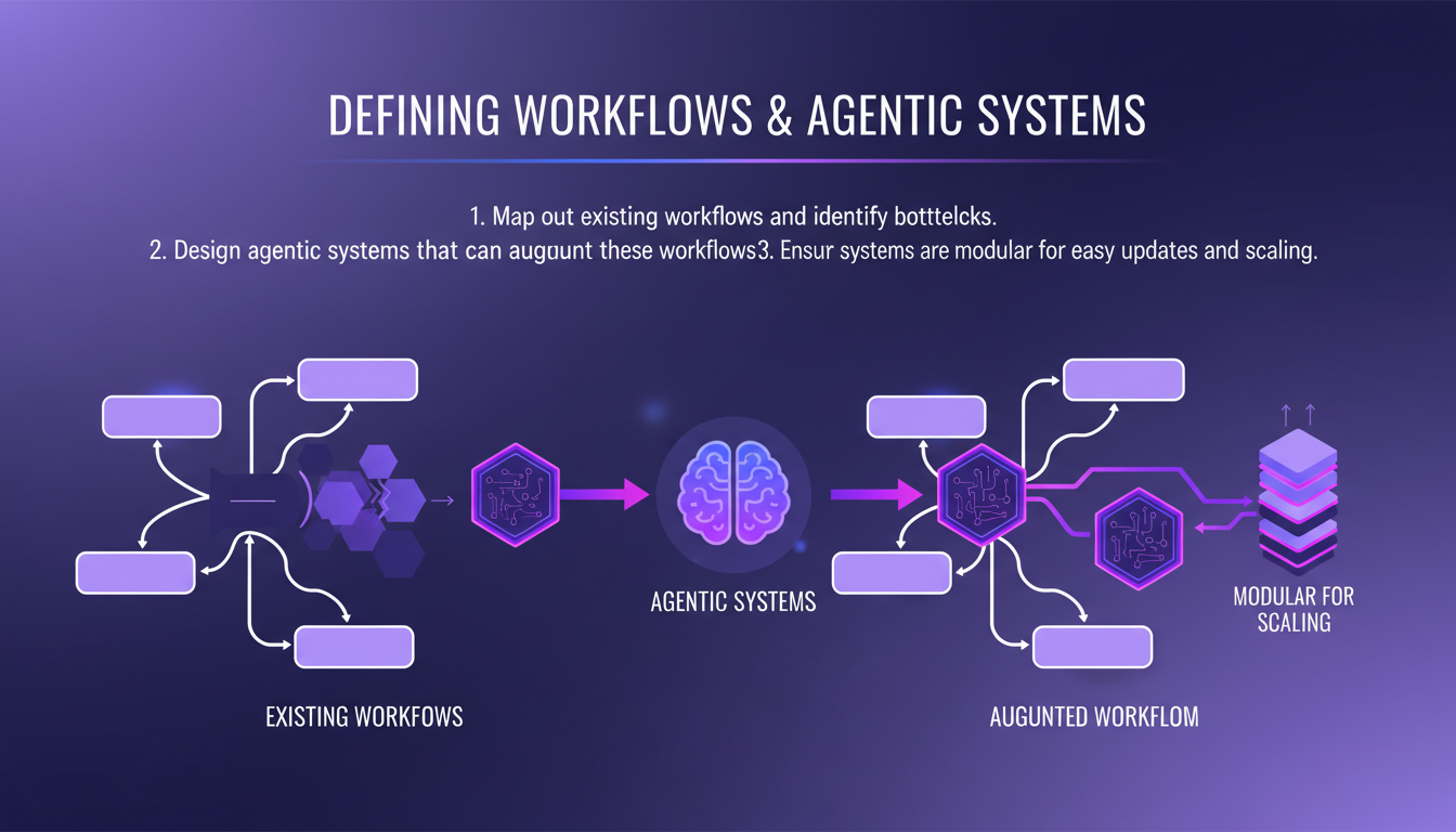 Illustration moderne de systèmes agentiques et flux de travail avec formes géométriques en indigo et violet, style minimaliste.