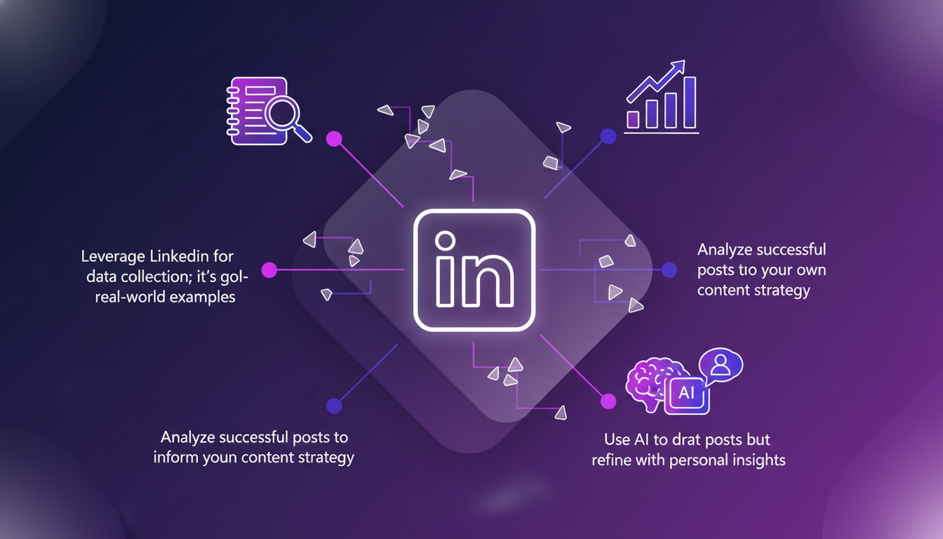 Illustration moderne de flux de travail d'écriture LinkedIn et collecte de données, utilisant l'IA pour optimiser les stratégies de contenu.