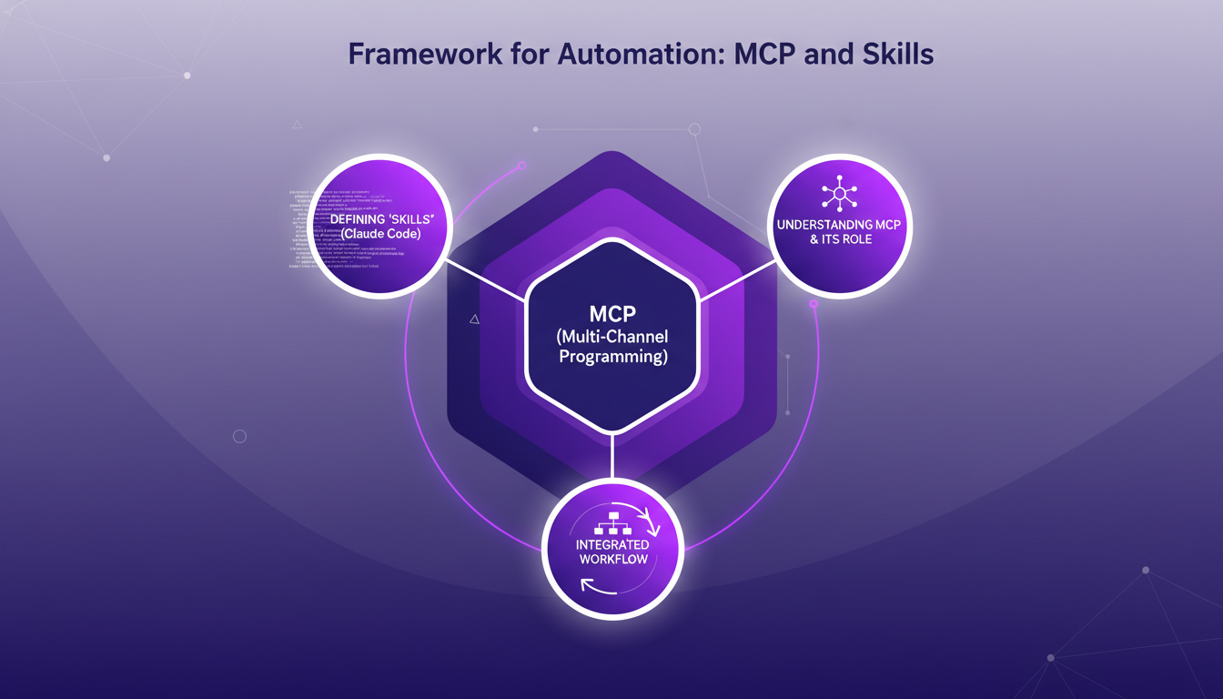 Modern illustration of automation framework using MCP and skills, featuring geometric shapes and violet gradients, reflecting AI technology.