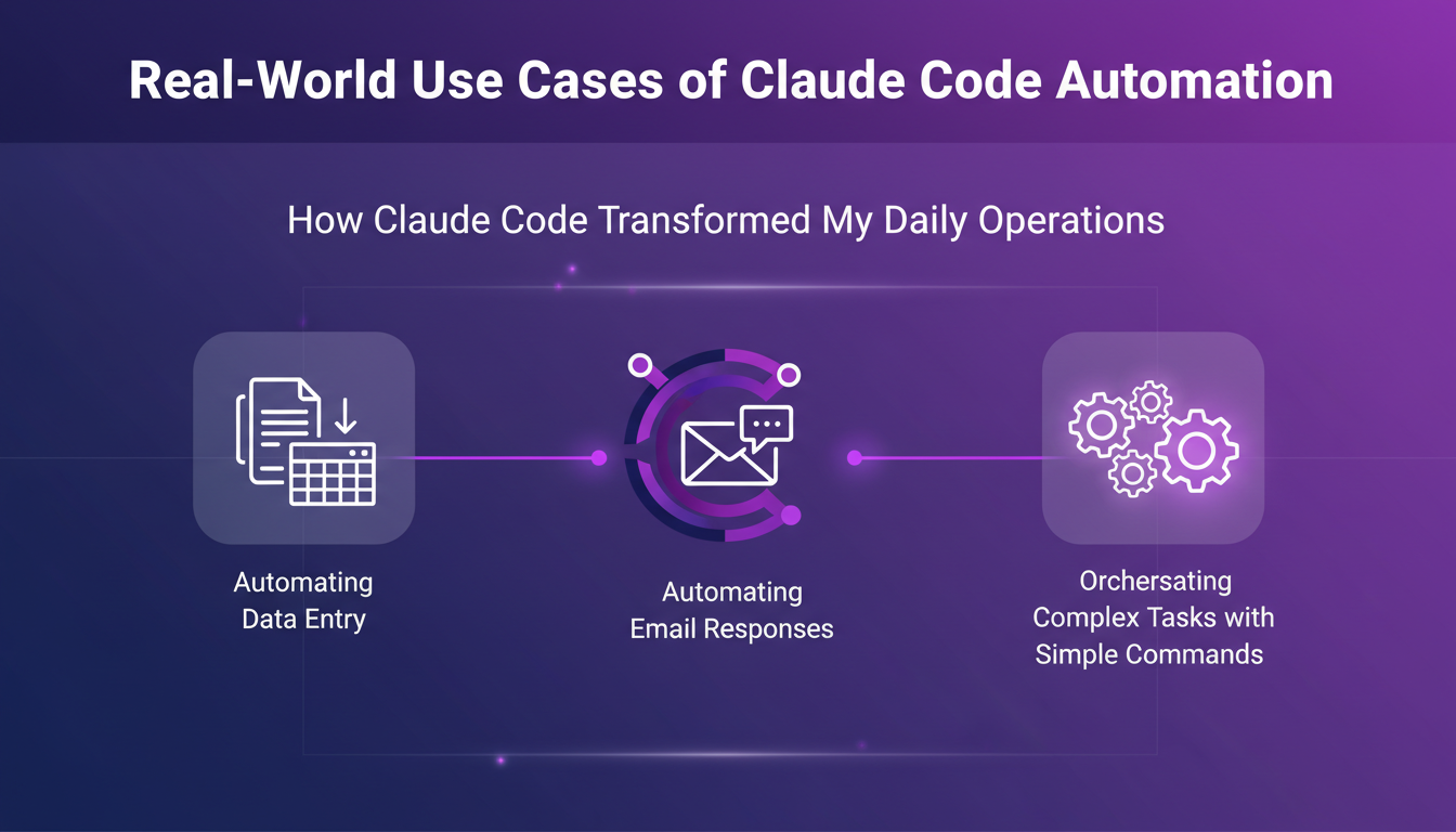 Modern illustration of Claude Code automation showcasing real-world use cases like data entry and email response automation.