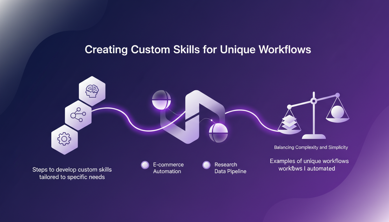 Modern illustration depicting creating custom skills for unique workflows with geometric shapes and gradient overlays in deep indigo and violet.