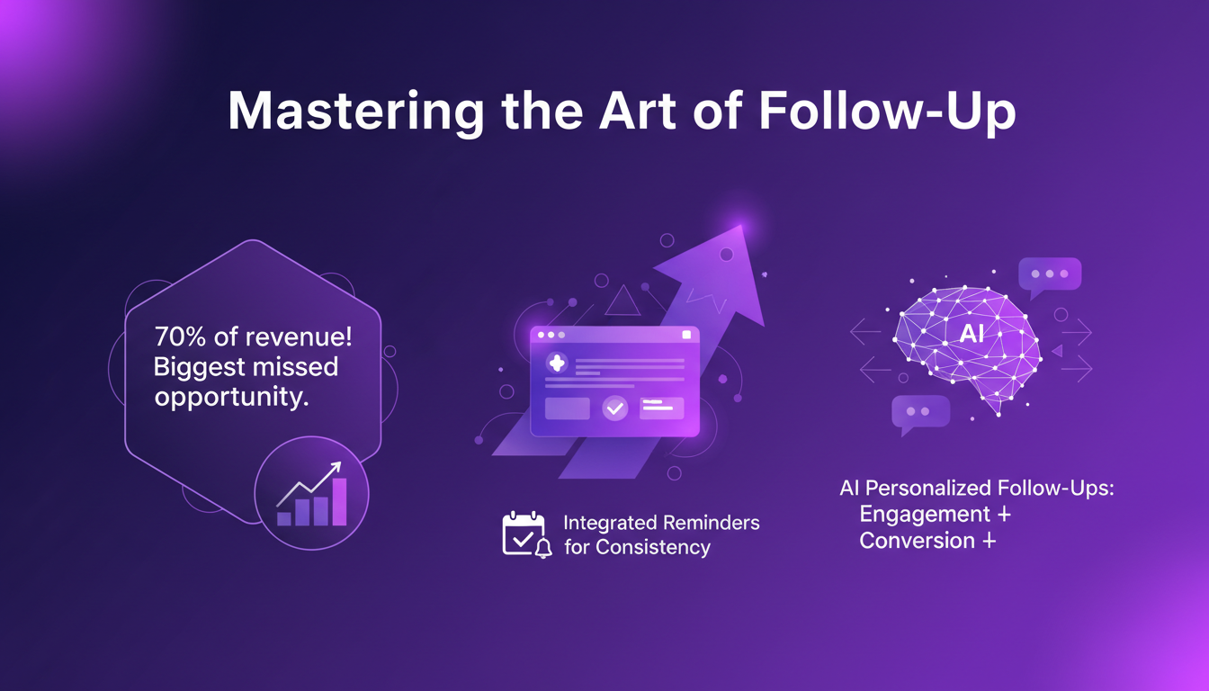 Illustration moderne sur la maîtrise du suivi, intégrant l'IA pour personnaliser les rappels dans un CRM, augmentant l'engagement.