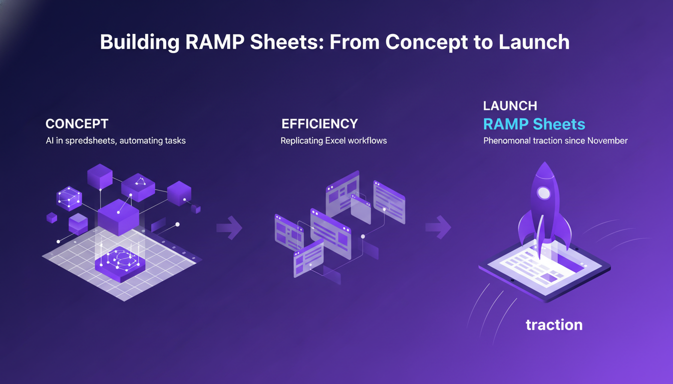 Illustration moderne représentant la création de RAMP Sheets avec AI, de l'idée au lancement, en utilisant des formes géométriques et des dégradés.