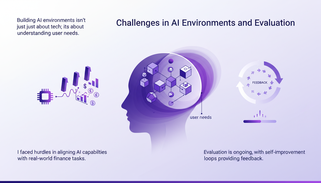 Illustration moderne sur les défis des environnements IA, avec formes géométriques et dégradés indigo, représentant l'évaluation continue.