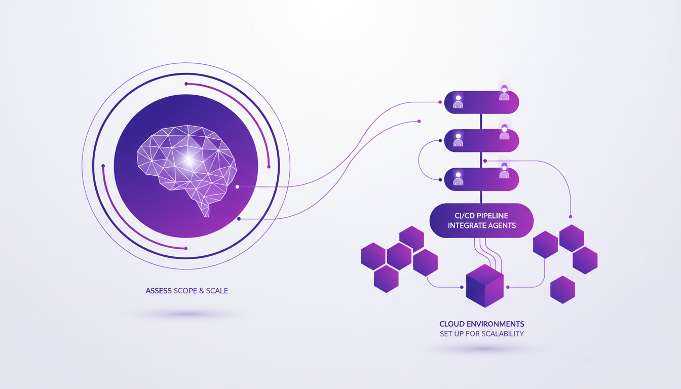 Illustration moderne de la mise en place d'un refactoring à grande échelle avec intégration CI/CD et environnements cloud.