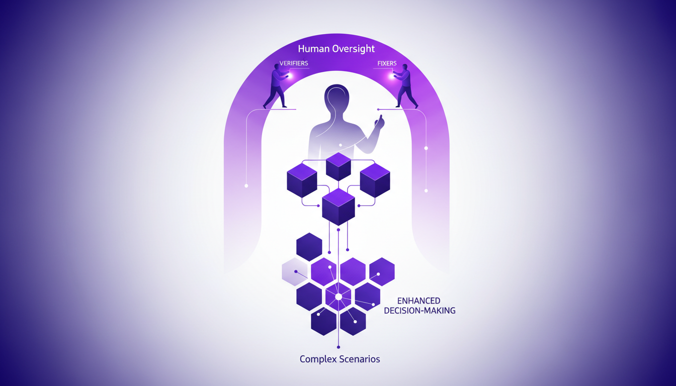 Illustration moderne de collaboration humain-IA en ingénierie logicielle, montrant supervision humaine et agents IA, style minimaliste, couleurs indigo et violet.