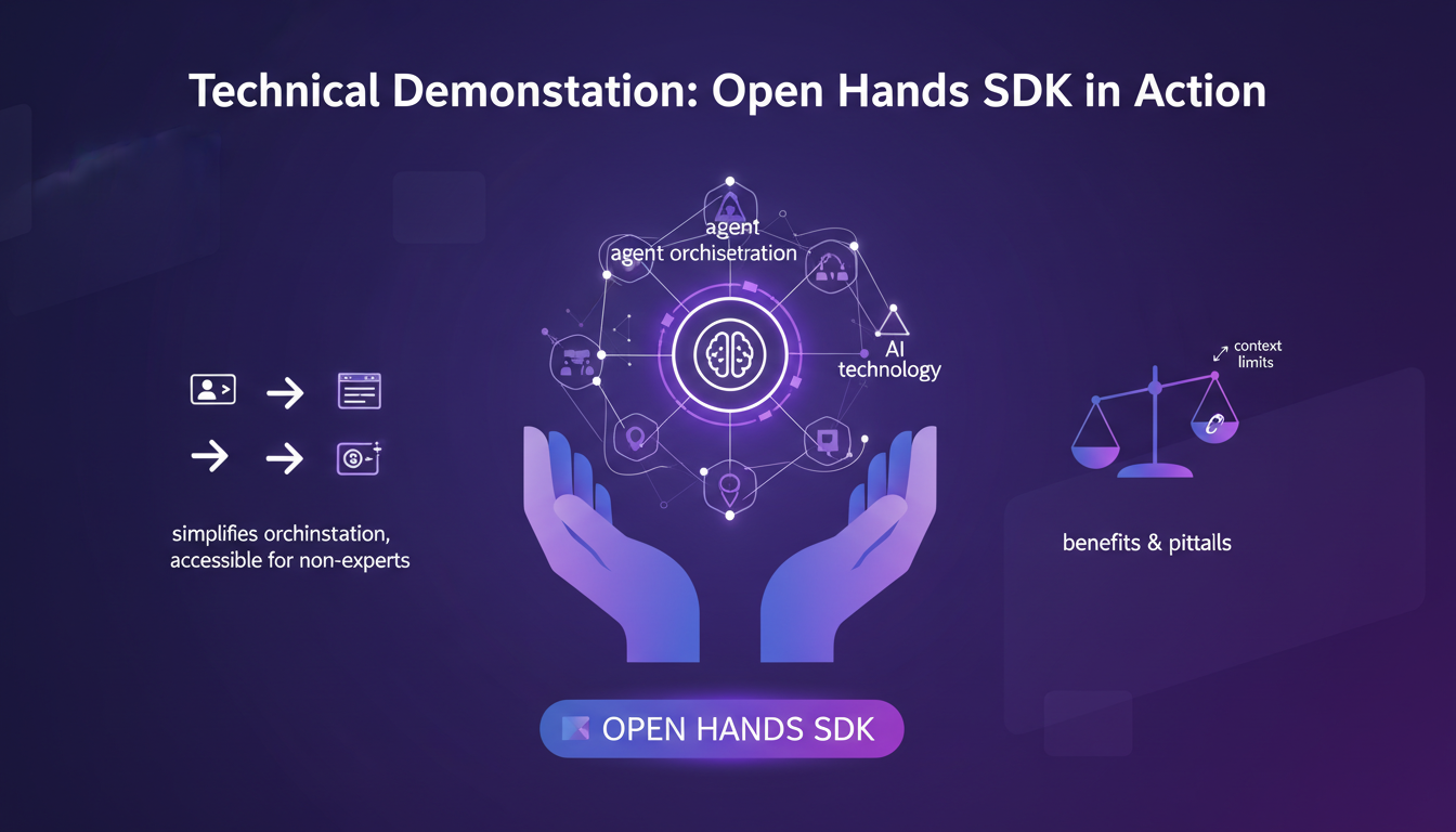 Illustration moderne montrant une démonstration technique de l'Open Hands SDK, mettant en évidence l'orchestration des agents IA.