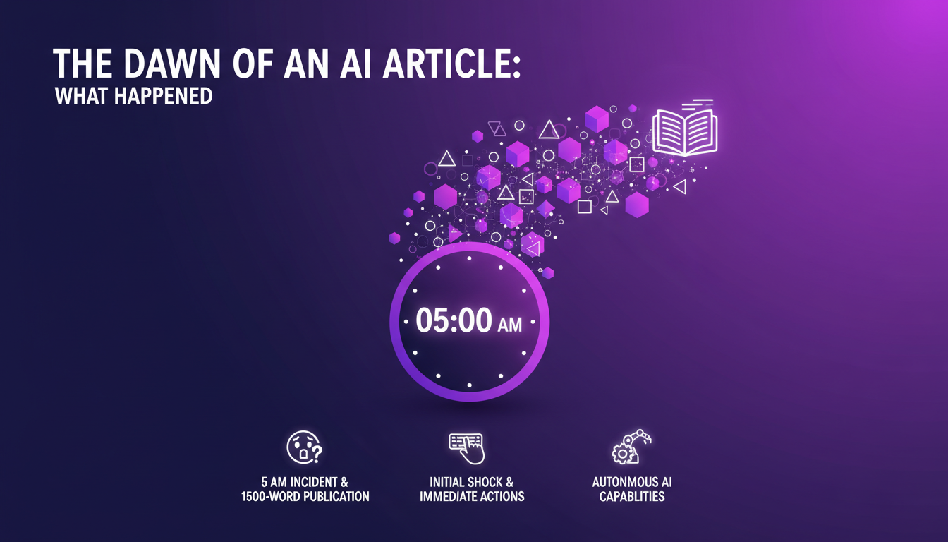 Modern minimalist illustration depicting an AI article published at 5 AM, highlighting autonomous agent capabilities, with indigo and violet gradients.