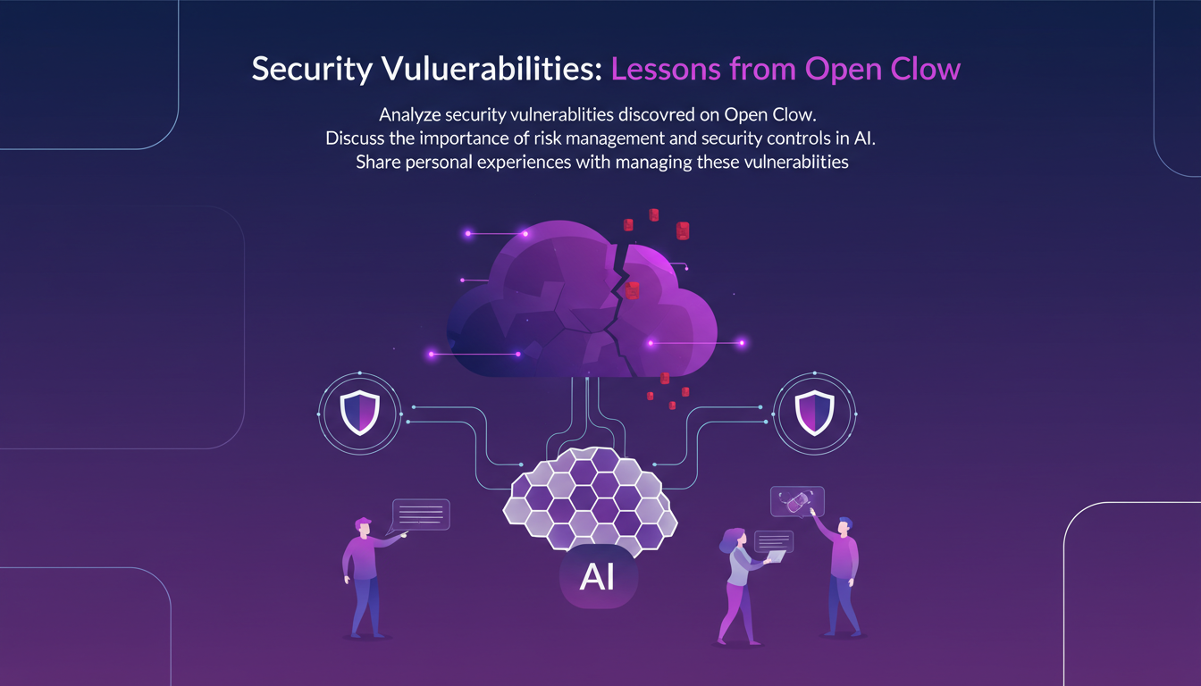 Modern illustration of managing security vulnerabilities in Open Clow, highlighting AI security controls and risk management.
