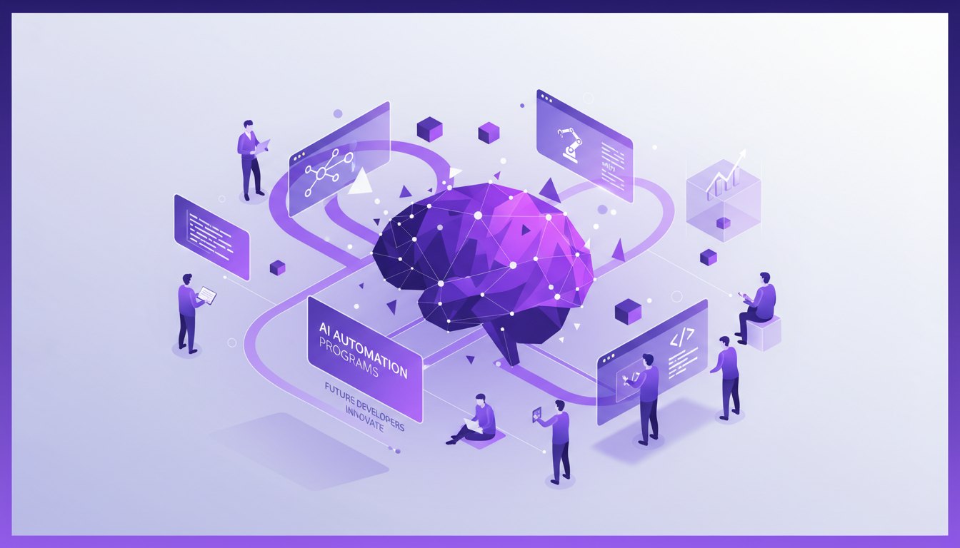 Modern illustration of AI automation education program with geometric shapes and indigo gradients, highlighting innovation and future readiness.