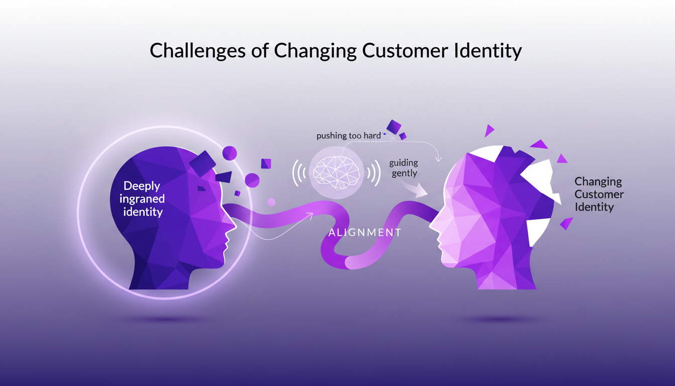 Modern illustration on challenges of changing customer identity, featuring geometric shapes and indigo-violet gradients.