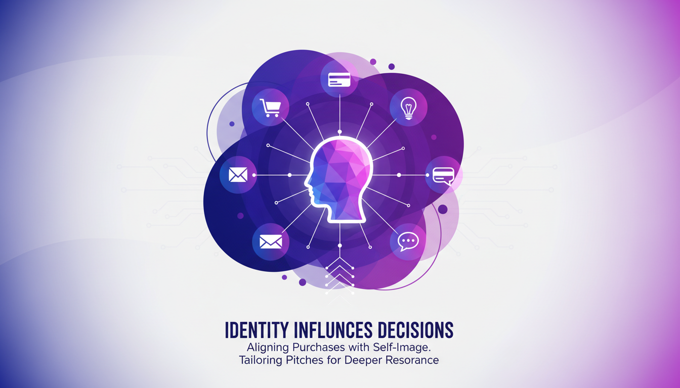 Modern illustration of identity's role in decision-making, featuring geometric shapes and an indigo-violet color palette.