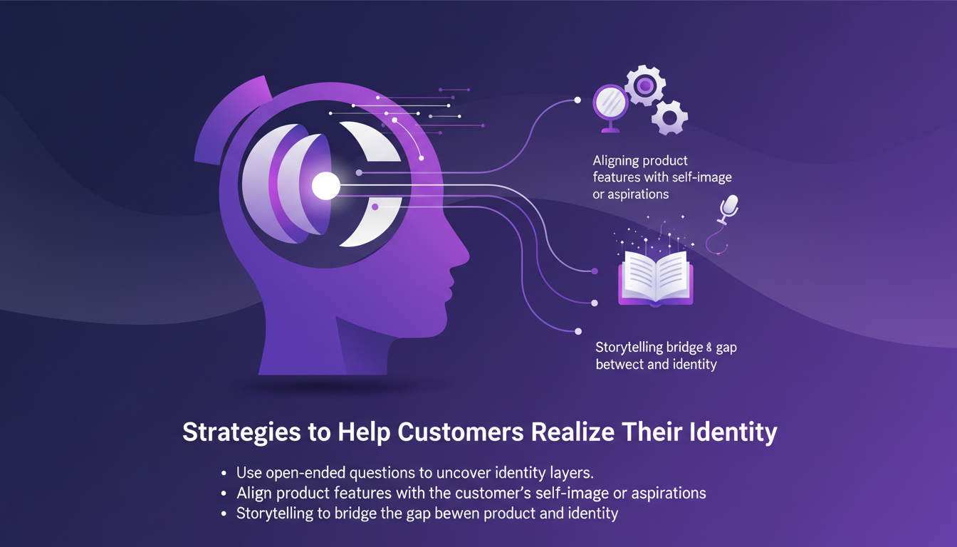 Modern illustration of strategies to help customers realize identity, featuring geometric shapes and indigo-violet gradients.