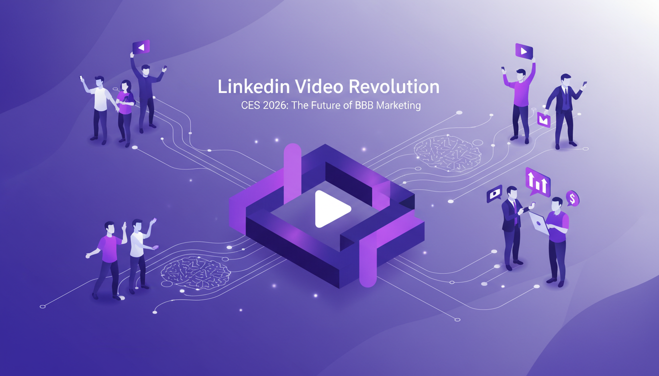 Modern illustration of LinkedIn's Video Revolution at CES 2026, highlighting video content's impact on B2B marketing and Gen Z influence.