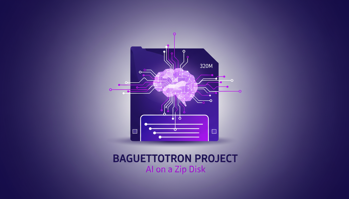 Modern illustration of the Baguettotron AI, fitting AI into a 900 MB zip disk, featuring indigo and violet gradients.