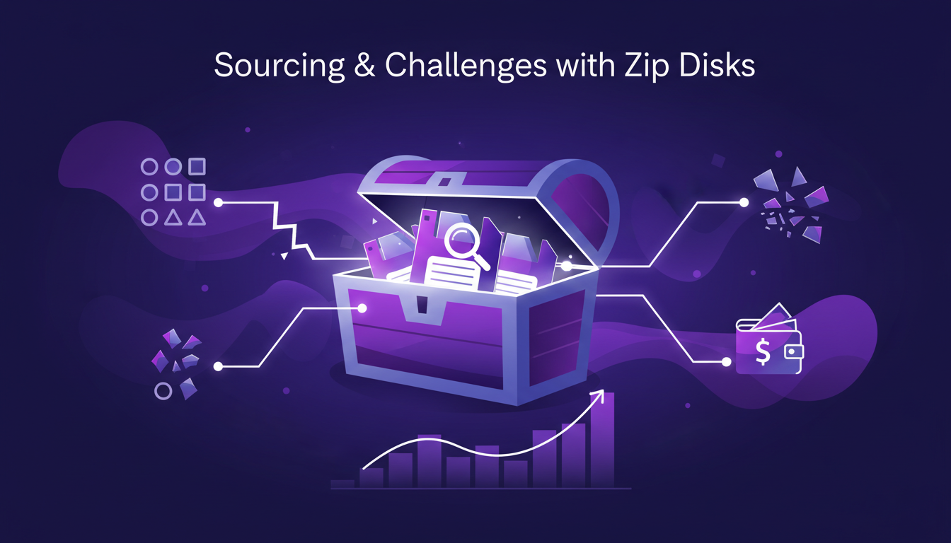 Modern illustration of sourcing challenges for Zip disks in 2023, featuring geometric shapes and indigo to violet gradients.