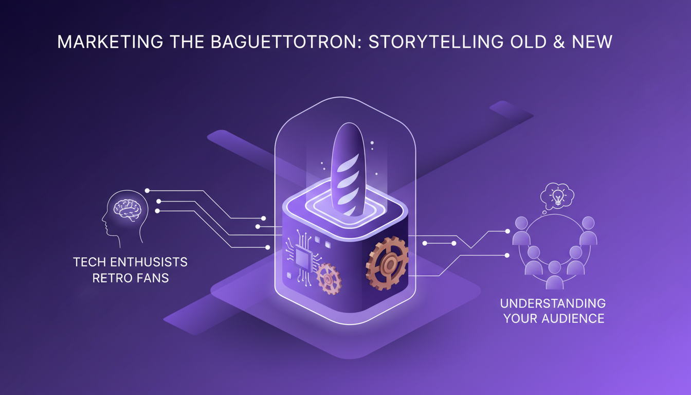 Modern illustration of the Baguettotron, blending AI tech and tradition, featuring geometric shapes and indigo-violet gradients.