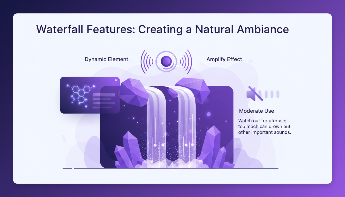 Modern illustration of waterfall features creating a natural ambiance with violet and white gradients for a blog article.