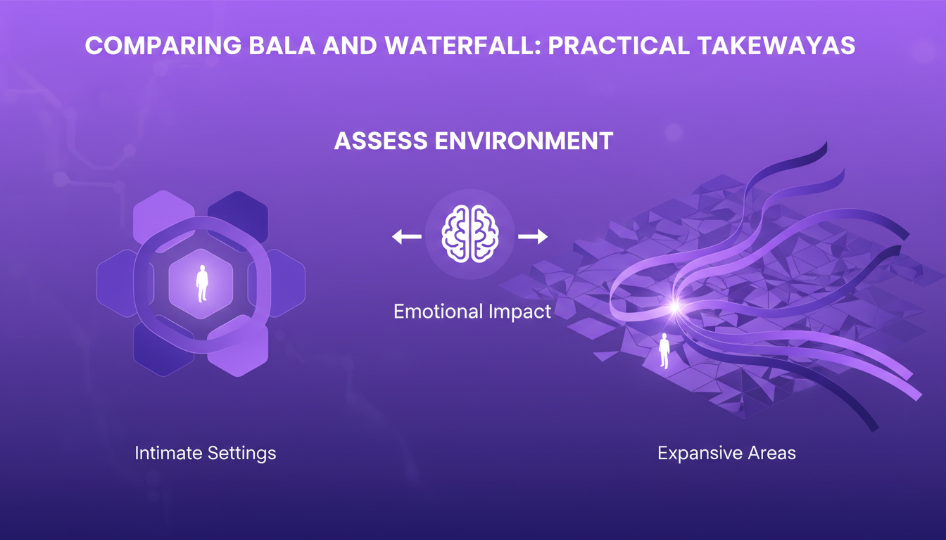 Modern illustration comparing Bala and Waterfall, highlighting their strengths in various settings, minimalist and tech-focused.