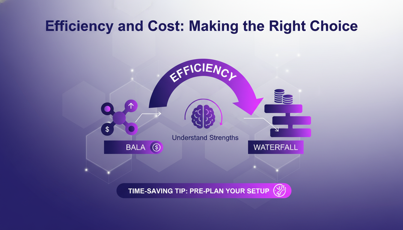 Modern illustration depicting efficiency and cost with geometric shapes and gradients in indigo and violet tones, highlighting AI technology.