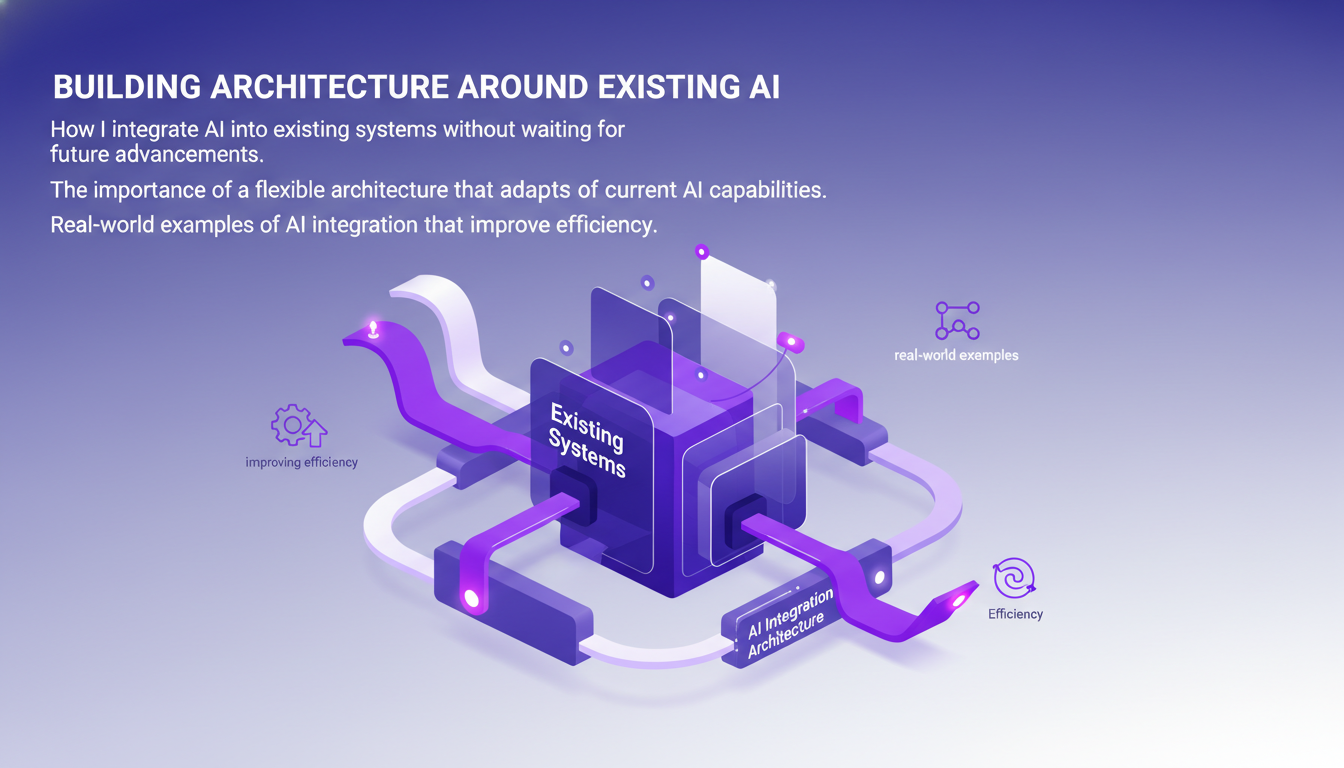 Modern illustration of architecture integrating AI, featuring geometric shapes and indigo-violet gradients.