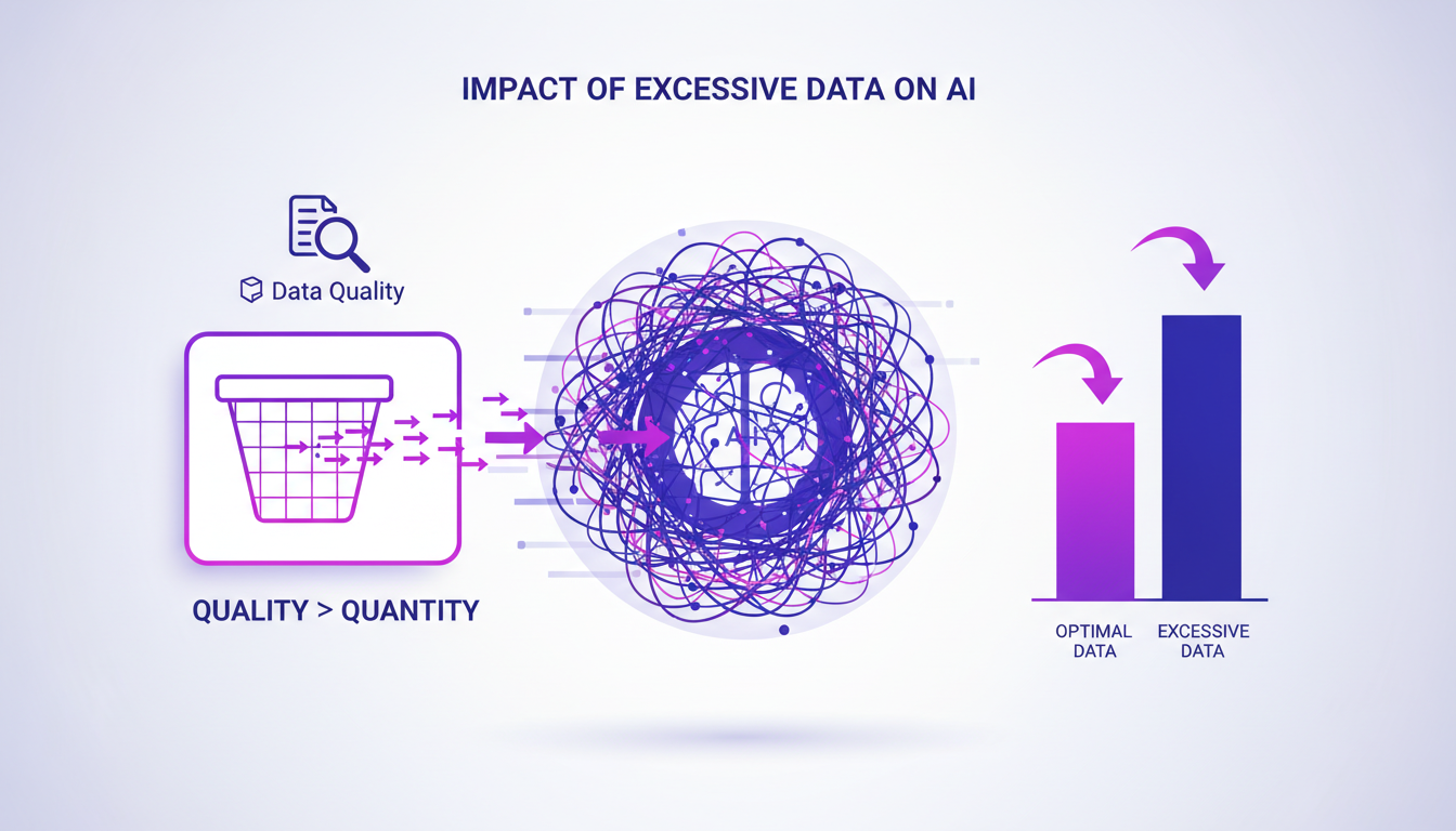 Modern illustration on the impact of excessive data on AI performance, emphasizing data quality over quantity for AI success.