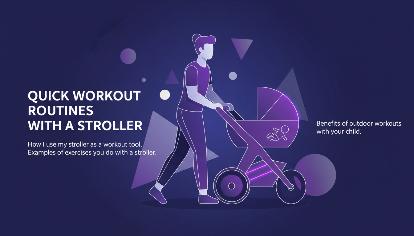 Illustration moderne de routines d'entraînement rapide avec poussette, utilisant des formes géométriques et des dégradés violets.