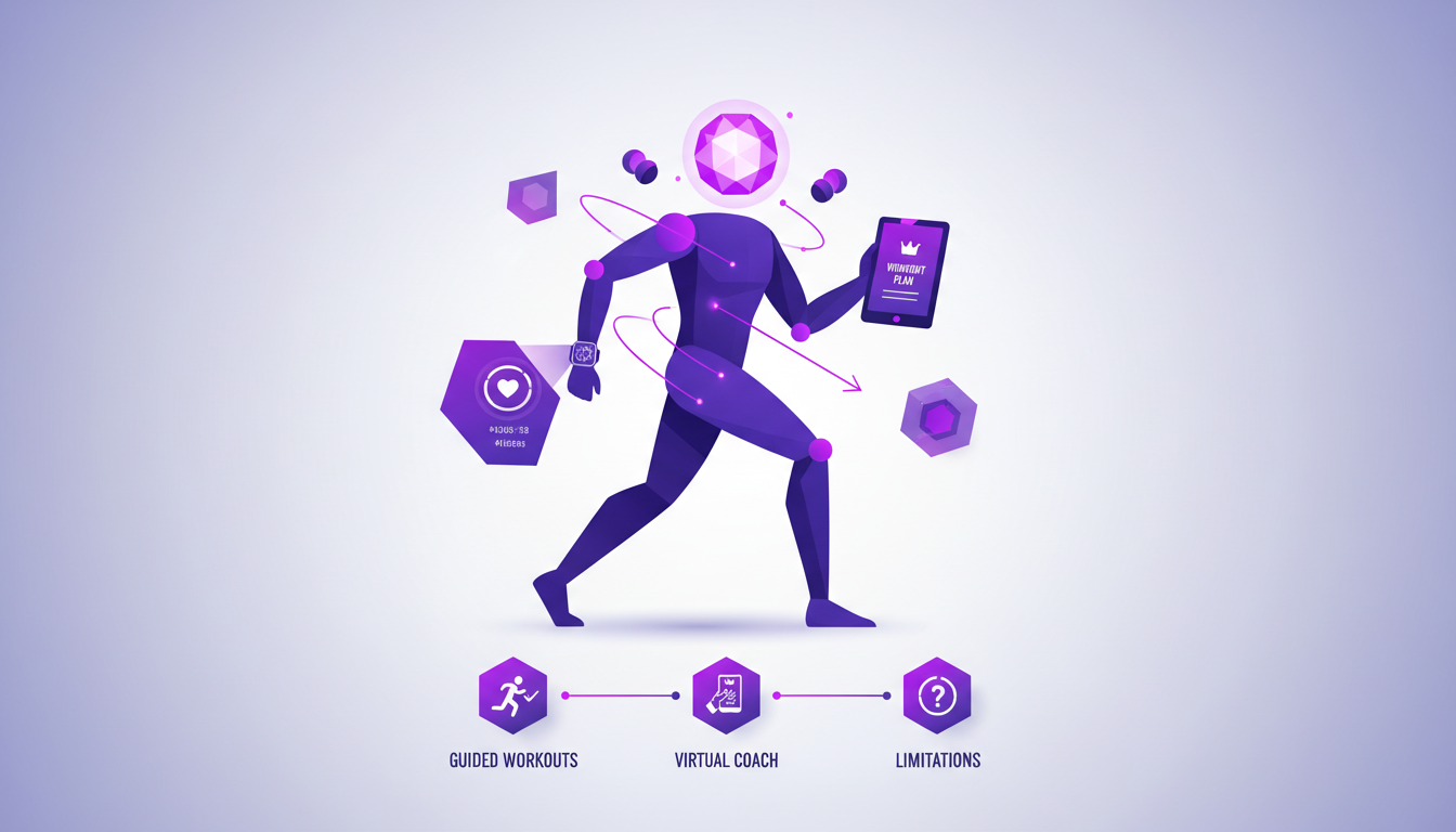 Illustration moderne de technologie comme coach personnel avec appareils intelligents guidant un entraînement, style minimaliste.