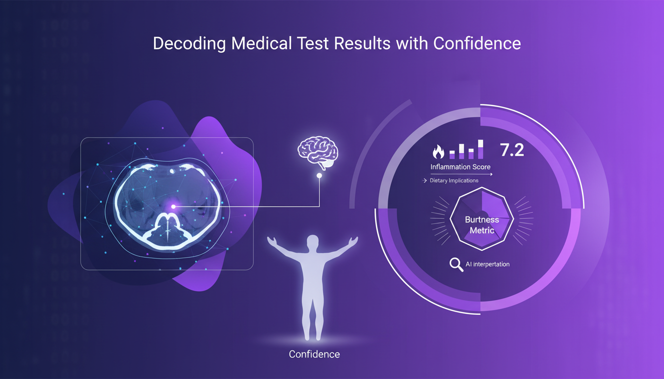 Modern minimalist illustration of AI interpreting medical test results, highlighting inflammation score and Burtness metric analysis.