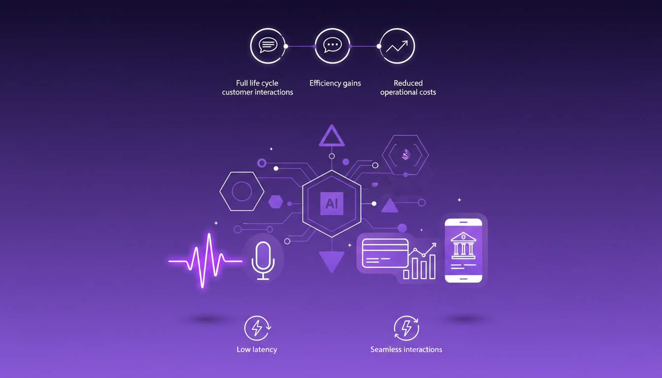 Modern illustration of voice agents transforming financial institutions with AI technology, efficiency gains, and low latency.