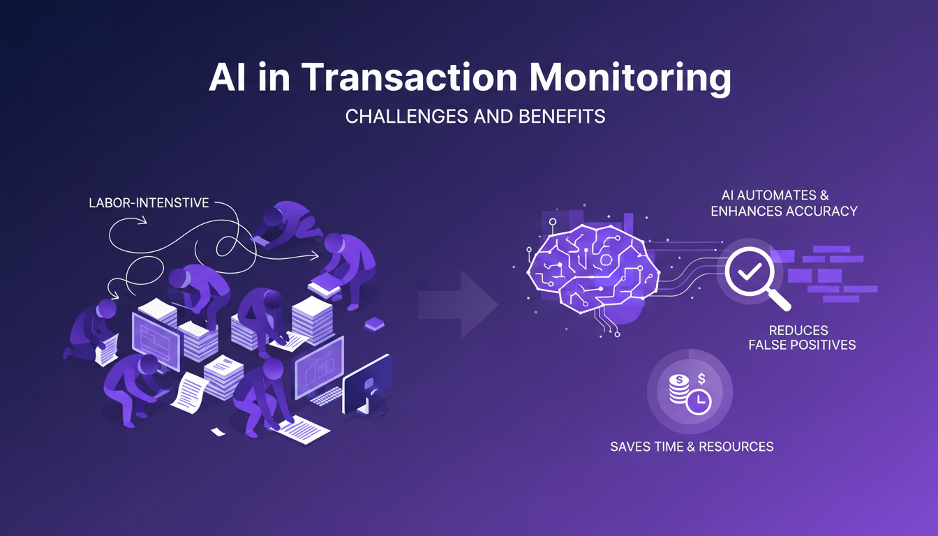 Modern illustration of AI in transaction monitoring, highlighting challenges and benefits with geometric shapes and gradient overlays.