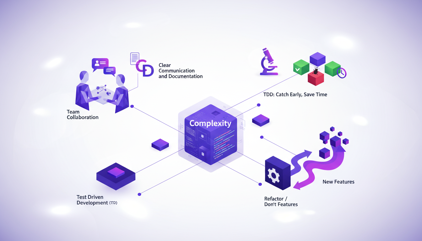 Modern illustration of managing software complexity with TDD, legacy code, clear communication. Indigo-violet palette.