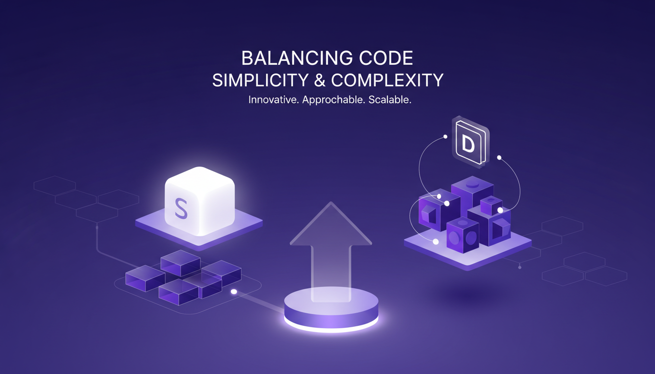 Modern illustration of balancing simplicity and complexity in code, featuring geometric shapes and indigo-violet gradients.