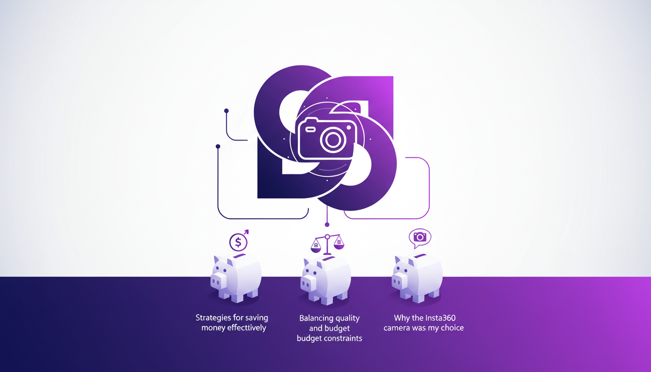 Illustration moderne d'un appareil photo Insta360 avec des formes géométriques, symbolisant la planification et l'épargne pour l'équipement.