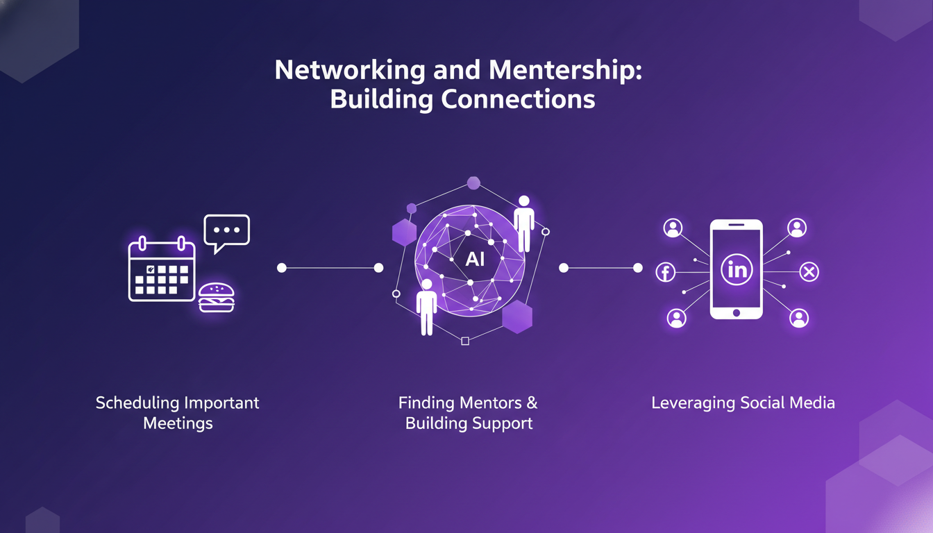 Illustration moderne de réseautage et mentorat avec formes géométriques et dégradés, symbolisant des connexions professionnelles et l'IA.