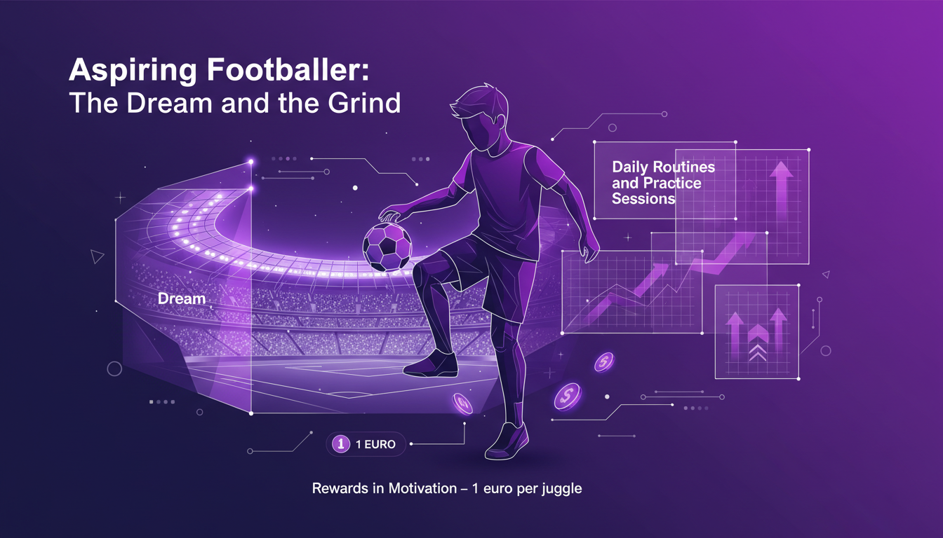Illustration moderne d'un jeune footballeur de 12 ans, symbolisant ses rêves et efforts quotidiens, avec technologie AI et palette indigo-violet.