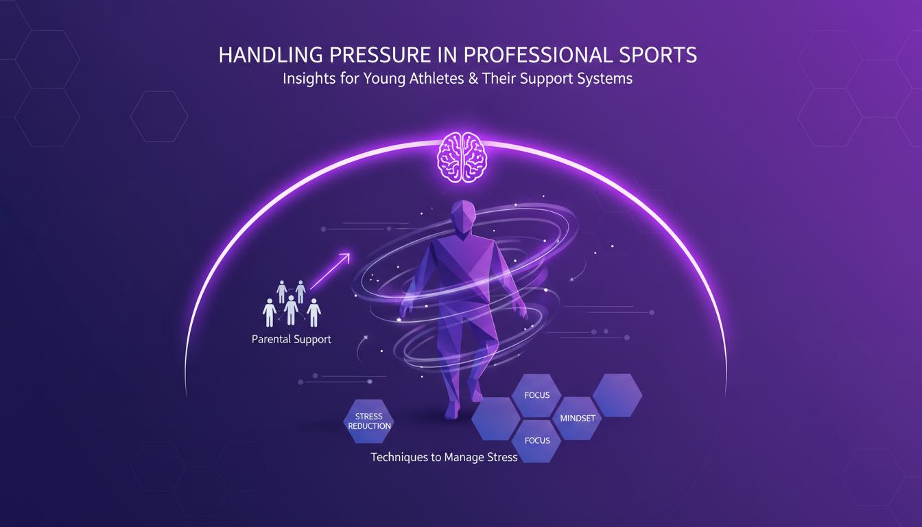 Illustration moderne de jeunes athlètes gérant la pression dans le sport professionnel, avec soutien parental, en tons indigo et violets.