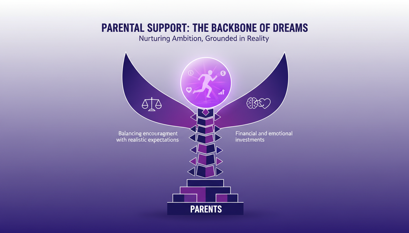 Illustration moderne de soutien parental aux rêves avec formes géométriques, ombres douces, lignes épurées en indigo et violet.