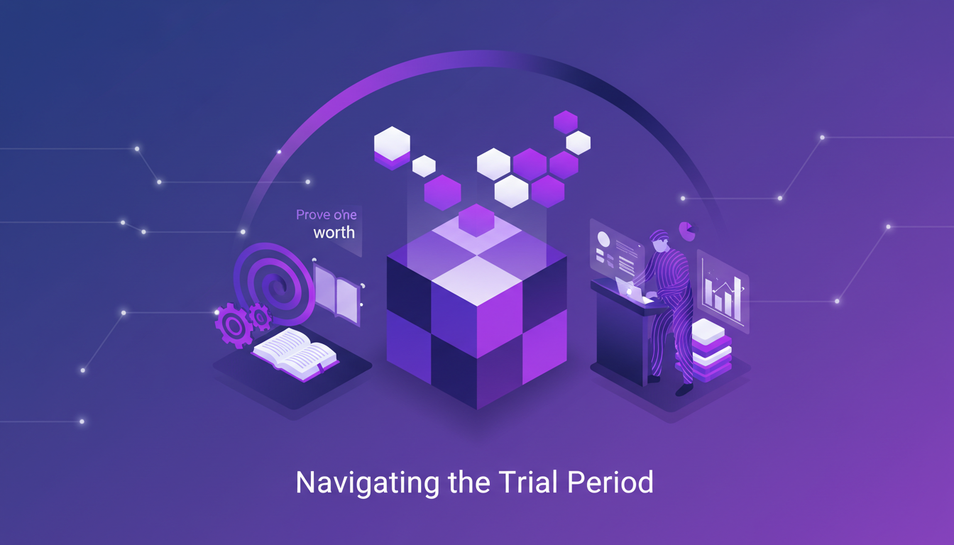 Modern illustration of trial period, with geometric shapes and indigo gradients, symbolizing diligence and innovation in AI.